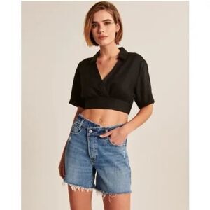Abercrombie & Fitch Crop Wrap Linen Top in Black